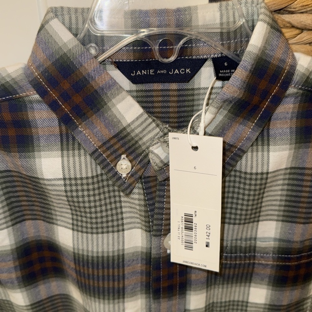 NWT Janie and Jack Boys Green Plaid Button-Down Shirt sz 6